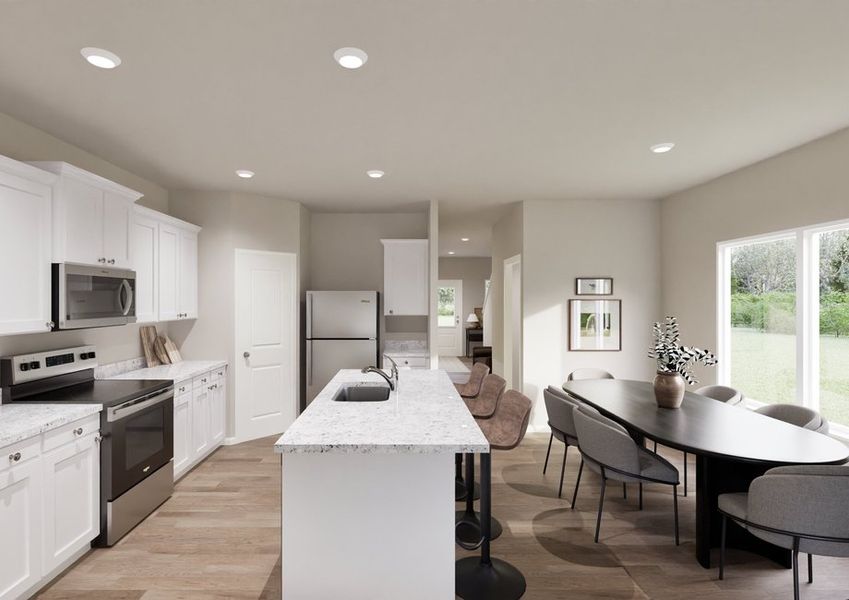 A modern kitchen and dining area with white cabinets, stainless steel appliances, a center island, and an oval dining table. Large window offers a garden view, creating a bright atmosphere. A modern kitchen and dining area with white cabinets, stainless steel appliances, a center island, and an oval dining table. Large window offers a garden view, creating a bright atmosphere.