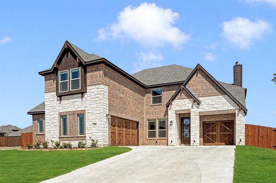 Front exterior of a new home in The Oasis at North Grove 75-80, Waxahachie, TX, highlighting curb appeal (Image 24). Front exterior of a new home in The Oasis at North Grove 75-80, Waxahachie, TX, highlighting curb appeal (Image 24).