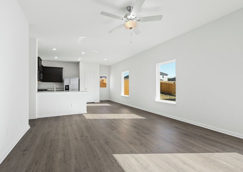 The open layout connects all of the living spaces.