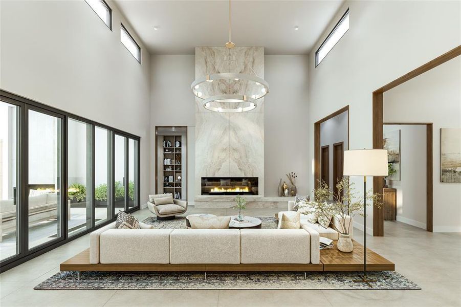 Living room with a high end fireplace, a high ceiling, and light tile patterned flooring