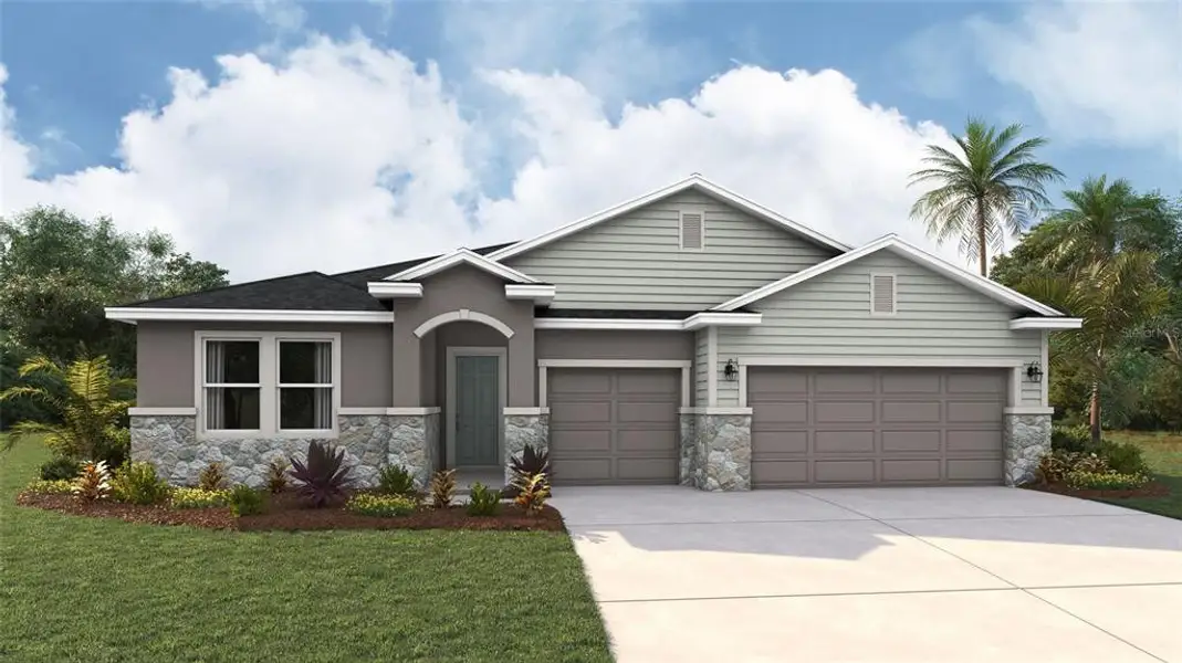 Front exterior of a new home in Oakfield Trails, Parrish, FL, highlighting curb appeal (Image 1). Front exterior of a new home in Oakfield Trails, Parrish, FL, highlighting curb appeal (Image 1).