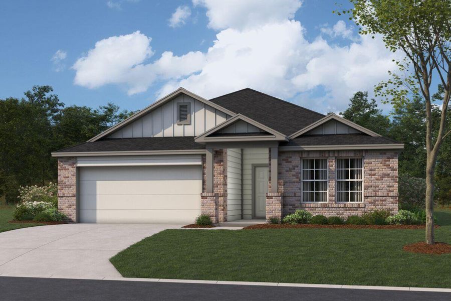 Front exterior of a new home in Carillon, Manor, TX, highlighting curb appeal (Image 1). Front exterior of a new home in Carillon, Manor, TX, highlighting curb appeal (Image 1).