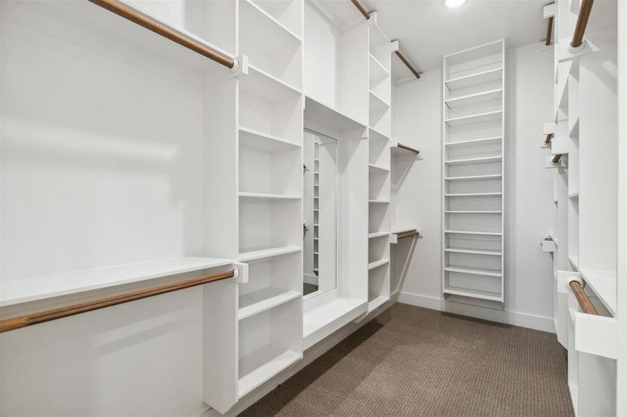 Spacious closet with dark colored carpet