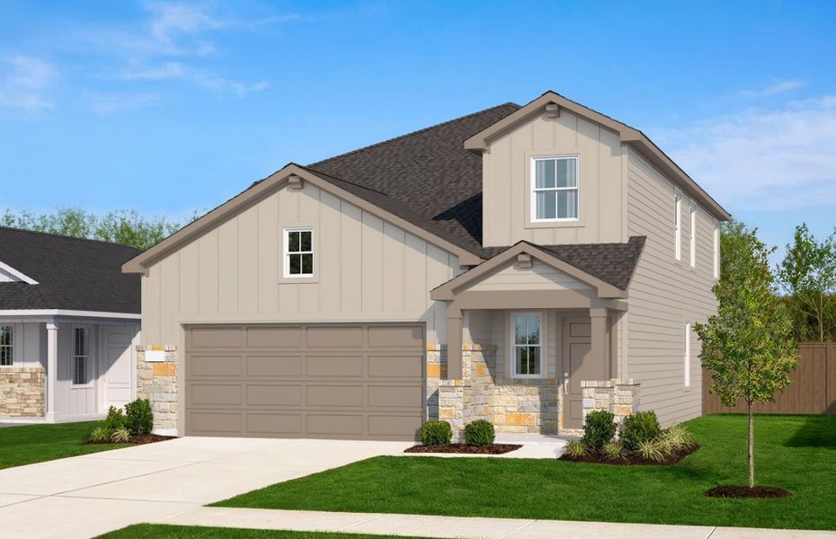 Representative exterior photo of a completed home built from the Gustine by Pulte Homes in Saddleback at Santa Rita Ranch, Liberty Hill, TX (Image 18).