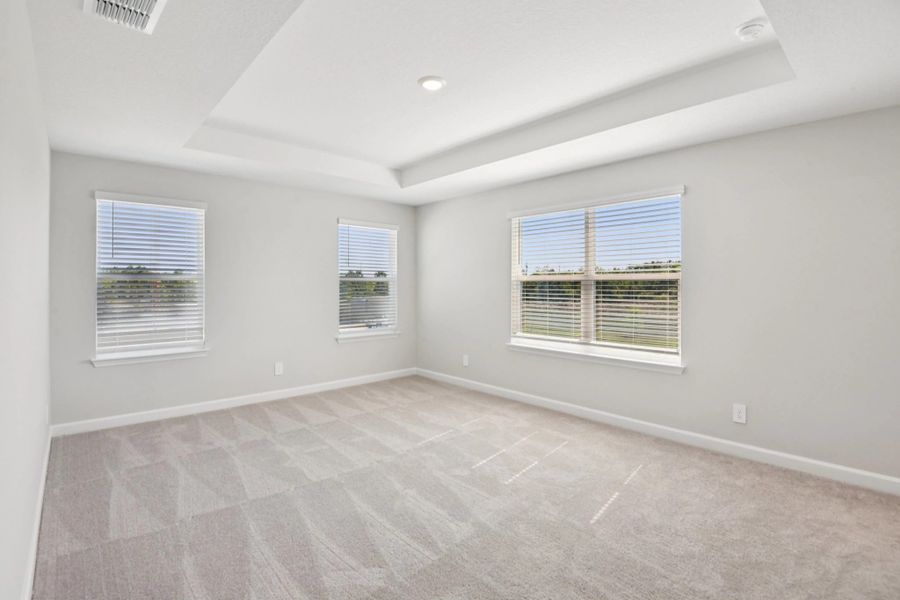 Stunning primary bedroom with a lot of windows for ideal lighting and tray ceiling