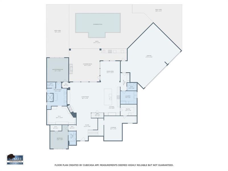 This floor plan features a spacious open-concept living area, with a large living room connected to the dining area and kitchen. The master bedroom includes an en-suite bath and a walk-in closet. There are two additional bedrooms, a bathroom, and a laundry room. The home includes a covered patio leading to a swimming pool in the backyard. A two-car garage is attached. Perfect for entertaining and family living.