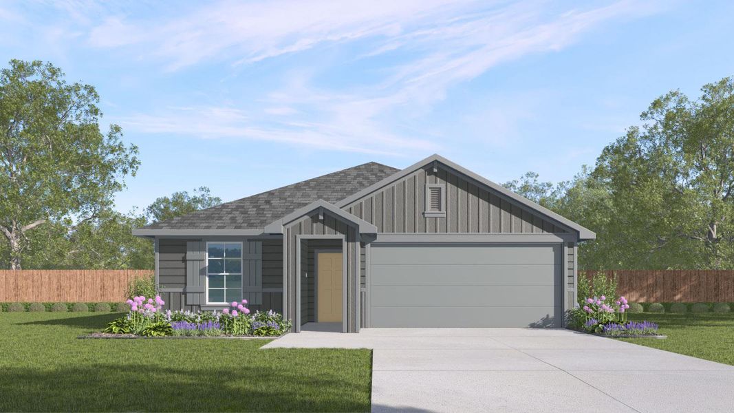 Front exterior of a new home in Talavera, Kyle, TX, highlighting curb appeal (Image 1).