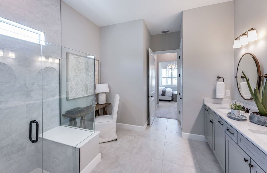 Owner's bathroom with dual sink vanity & large shower