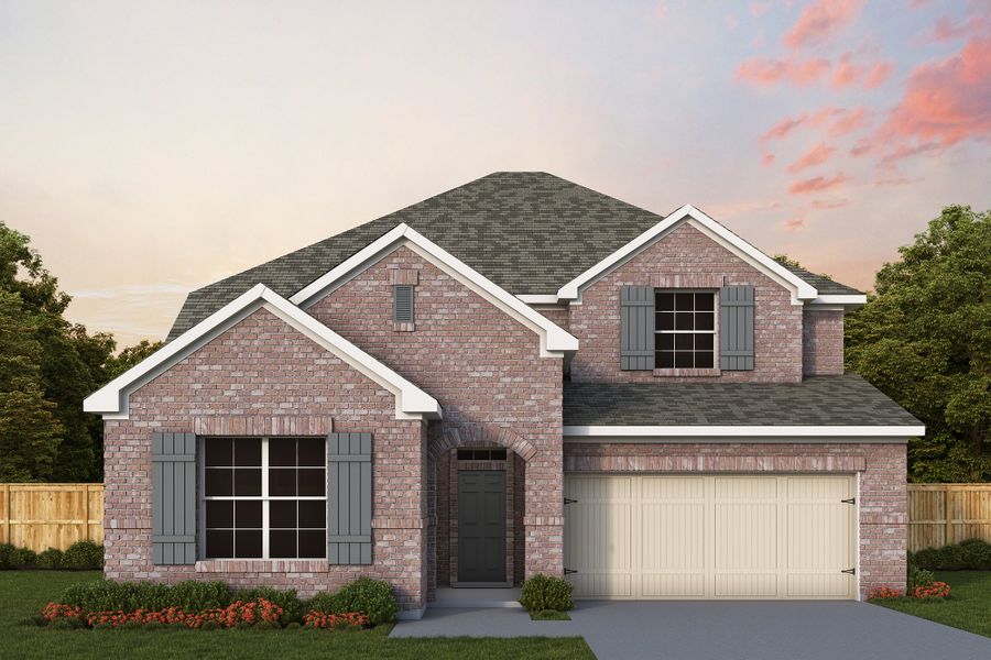 Front exterior of a new home in Sandbrock Ranch, Aubrey, TX, highlighting curb appeal (Image 2). Front exterior of a new home in Sandbrock Ranch, Aubrey, TX, highlighting curb appeal (Image 2).