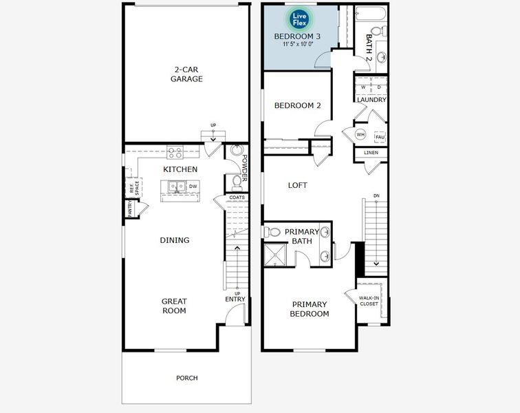 2D floor plan layout of this home in Pintail Commons at Johnstown Village, Johnstown, CO (Image 3).
