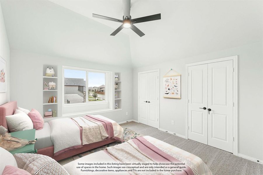 Children's bedroom with vaulted ceiling, ceiling fan, built-in shelves, and double closet doors Children's bedroom with vaulted ceiling, ceiling fan, built-in shelves, and double closet doors