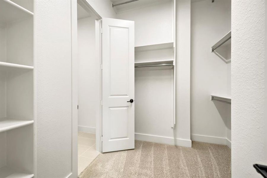 Spacious closet featuring built-in shelving, two-panel interior door with matte black hardware, carpet flooring, and additional chrome hanging rods Spacious closet featuring built-in shelving, two-panel interior door with matte black hardware, carpet flooring, and additional chrome hanging rods