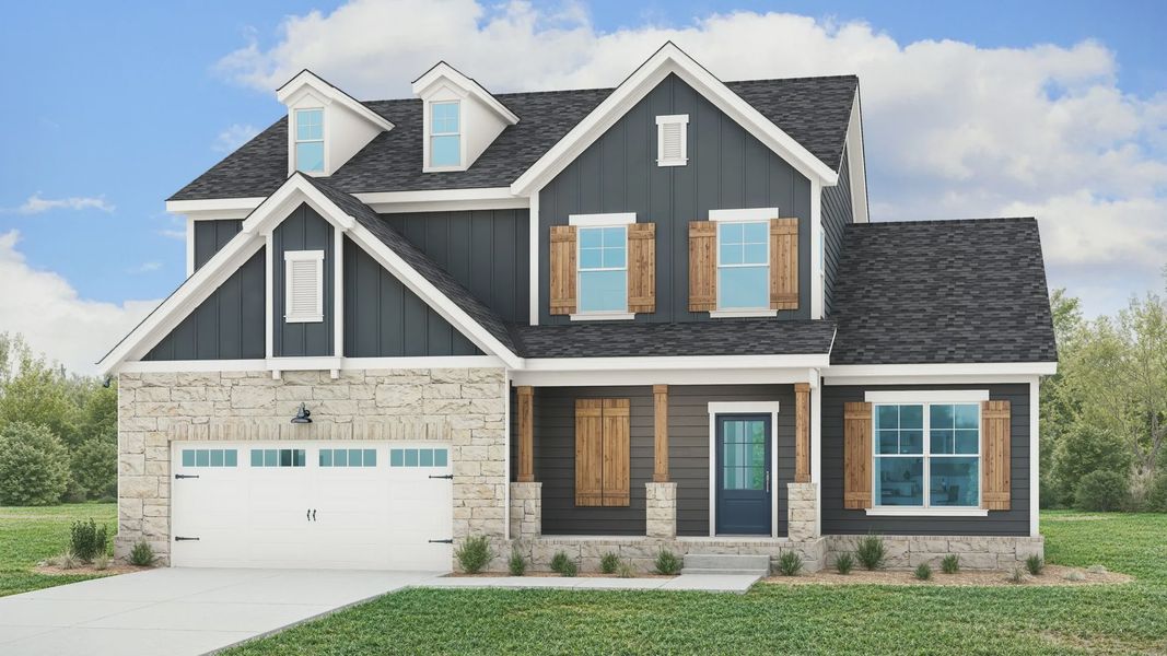 Elegant farmhouse with rustic wood shutters, sleek dark siding, and timeless stone accents in Brush Creek.
