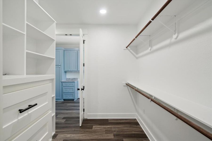 Walk in closet featuring dark wood finished floors
