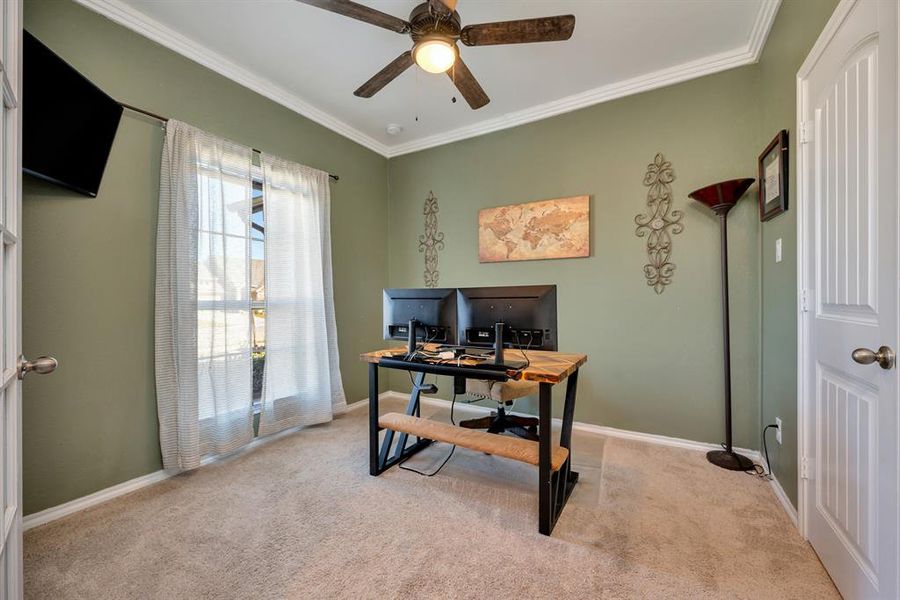 Home office with crown molding, light carpet, and a ceiling fan