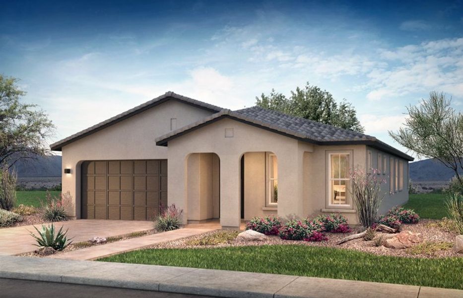 Front exterior of a new home in Ascent at Avalon Crossing, Mesa, AZ, highlighting curb appeal (Image 1).