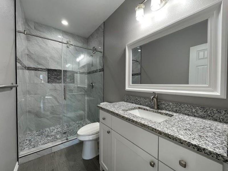Master bathroom featuring granite top vanity, a stall shower, wood-look finished floors, and tasteful light fixtures Master bathroom featuring granite top vanity, a stall shower, wood-look finished floors, and tasteful light fixtures