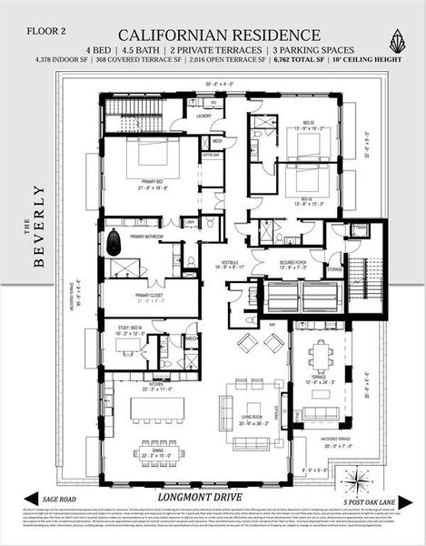 The Californian Floorplan | 4 Bedrooms 4.5 Baths comprised of 4,378SF of interiors with a 368SF covered terrace in addition to having The Beverly’s only 2,016SF uncovered terrace wrapping the Northern, Eastern and Western perimeters of the Residence and fully accessible with direct access from all bedrooms and living areas.