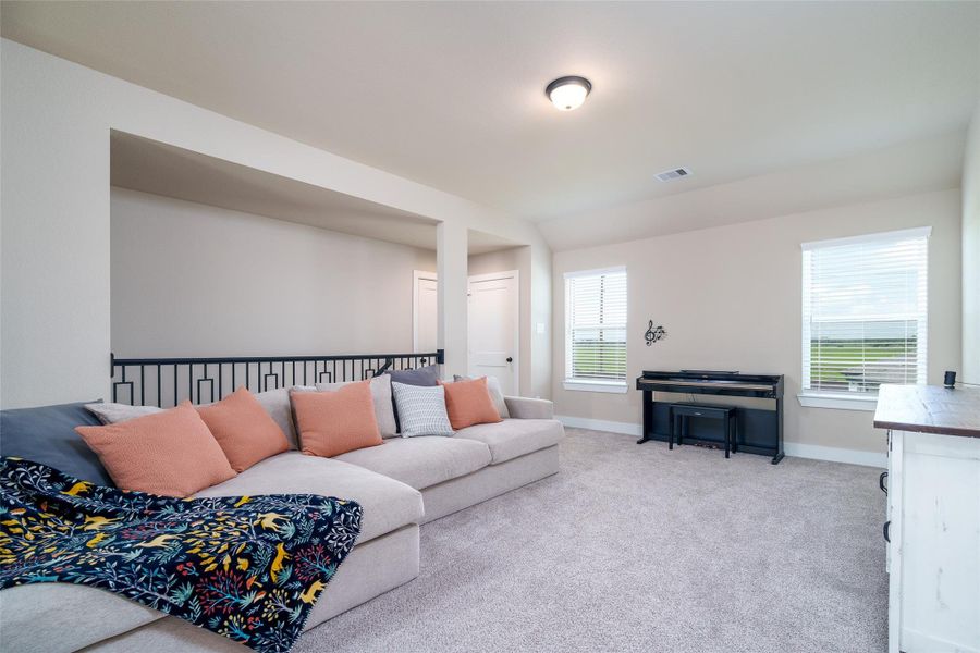 The game room offers a vibrant space to relax or entertain, featuring custom paint, plush carpet, and windows with privacy blinds to control light and ambiance. The game room offers a vibrant space to relax or entertain, featuring custom paint, plush carpet, and windows with privacy blinds to control light and ambiance.