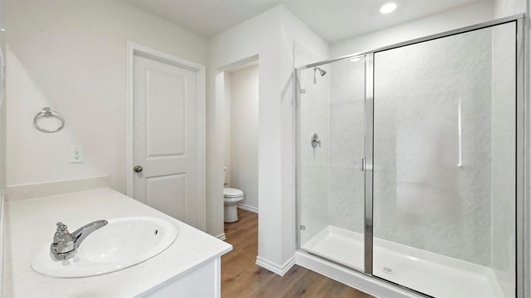 Bathroom featuring a glass-enclosed shower, single vanity with integrated sink, white countertop, and wood-finish flooring Bathroom featuring a glass-enclosed shower, single vanity with integrated sink, white countertop, and wood-finish flooring