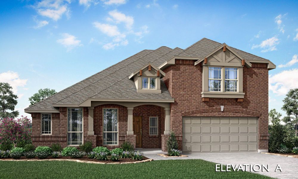 Two-story brick home with arched porch entry, dormer windows, and two-car garage, Elevation A rendering