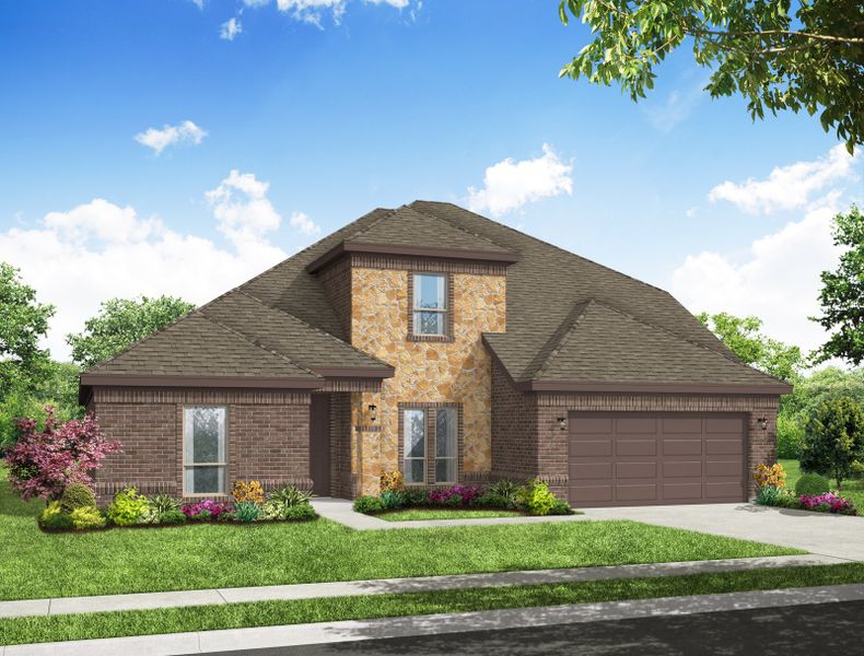 Representative exterior photo of a completed home built from the Kingsgate by Impression Homes in Timberbrook, Justin, TX (Image 7). Representative exterior photo of a completed home built from the Kingsgate by Impression Homes in Timberbrook, Justin, TX (Image 7).