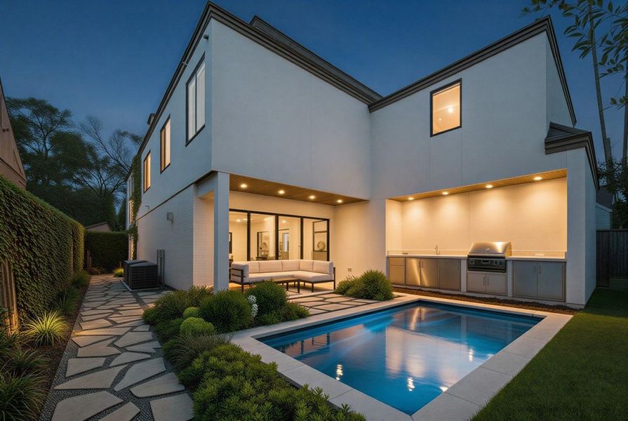 Rendering: Backyard at dusk with pool, summer kitchen and patio.(Pool is optional and not included in base price)