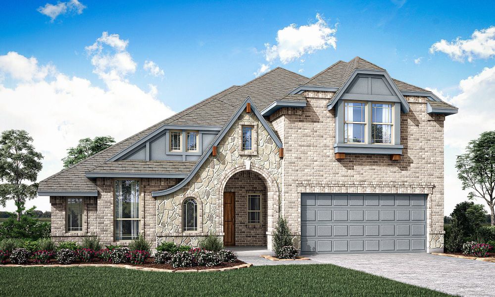 Two-story home with brick and stone exterior, arched entry, and two-car garage, Elevation C rendering
