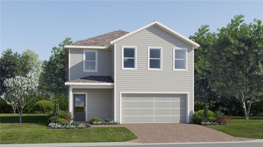Front exterior of a new home in Wellness Ridge, Clermont, FL, highlighting curb appeal (Image 1). Front exterior of a new home in Wellness Ridge, Clermont, FL, highlighting curb appeal (Image 1).