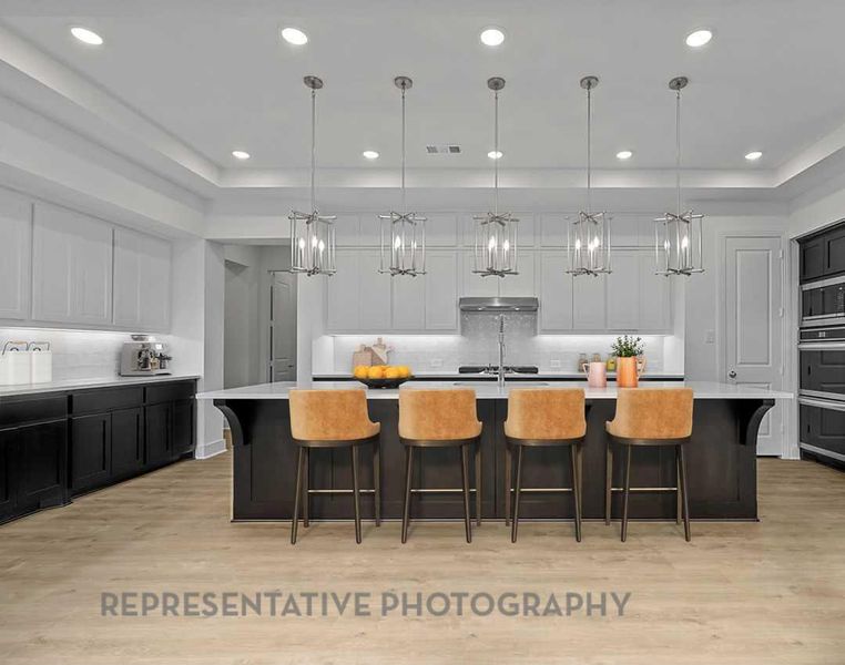 Kitchen with light countertops, a tray ceiling, and under cabinet range hood Kitchen with light countertops, a tray ceiling, and under cabinet range hood