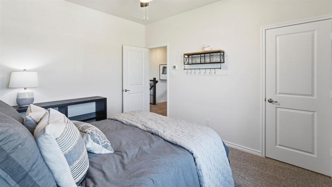 Carpeted bedroom featuring neutral paint, white trim, and a ceiling fan Carpeted bedroom featuring neutral paint, white trim, and a ceiling fan