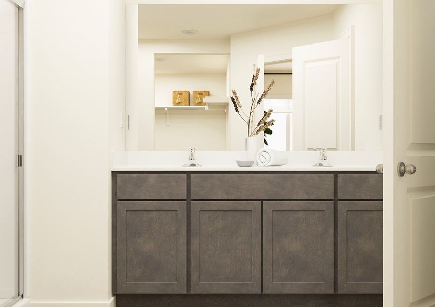 Rendering of a bathroom showing a double-sink vanity with brown cabinetry. Rendering of a bathroom showing a double-sink vanity with brown cabinetry.