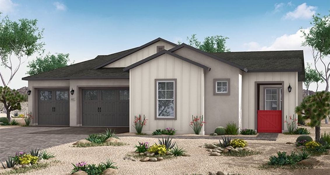 Front exterior of a new home in Summit at The Dells, Prescott, AZ, highlighting curb appeal (Image 1).