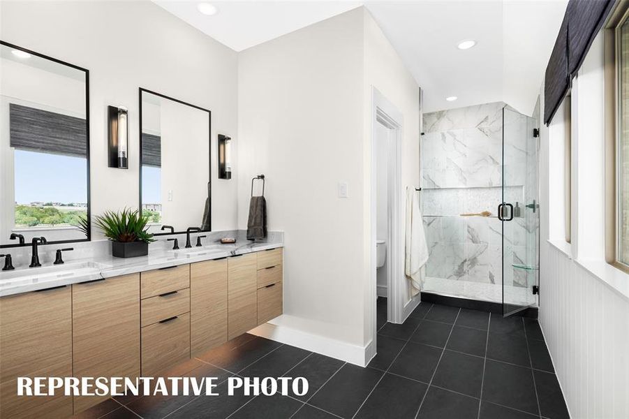 Elegant, contemporary owner's baths featuring high end finishes can be found in all of the outstanding floor plans offered in Linkside Las Colinas!  REPRESENTATIVE PHOTO