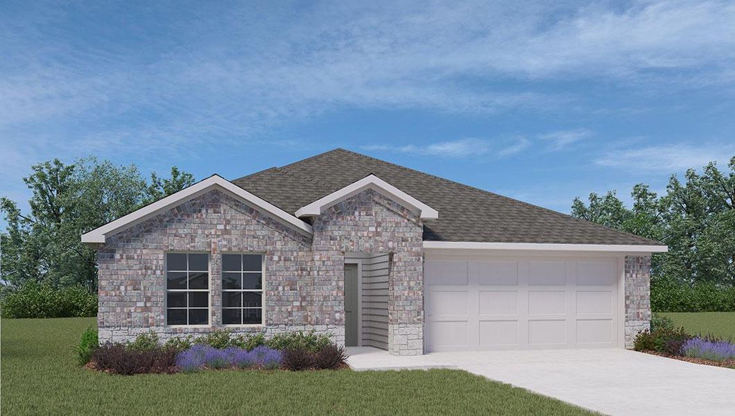 Single story home with a front yard, an attached garage, stone siding, and driveway Single story home with a front yard, an attached garage, stone siding, and driveway