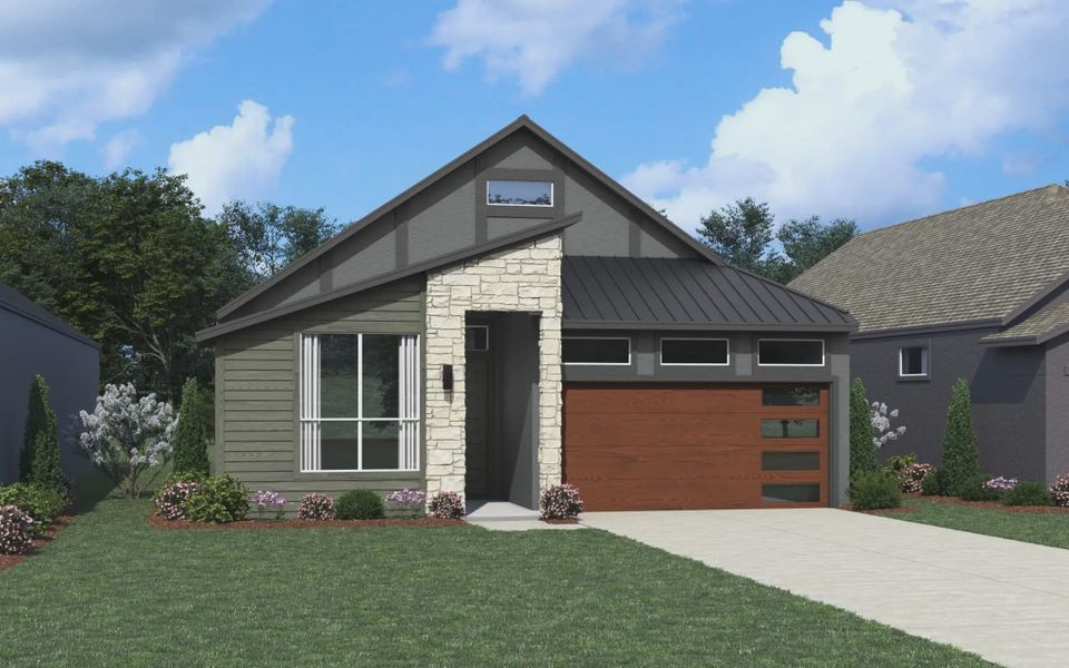 Representative exterior photo of a completed home built from the Delos by Chesmar Homes in Prominence Urban, San Antonio, TX (Image 14).