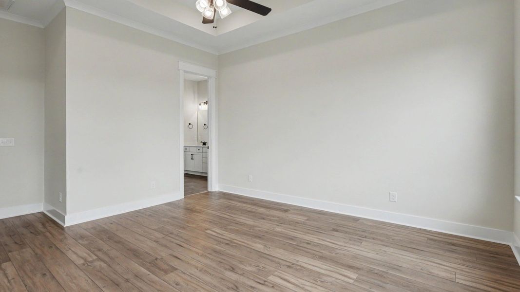 Primary suite with tray ceiling, ceiling fan, and hard surface flooring