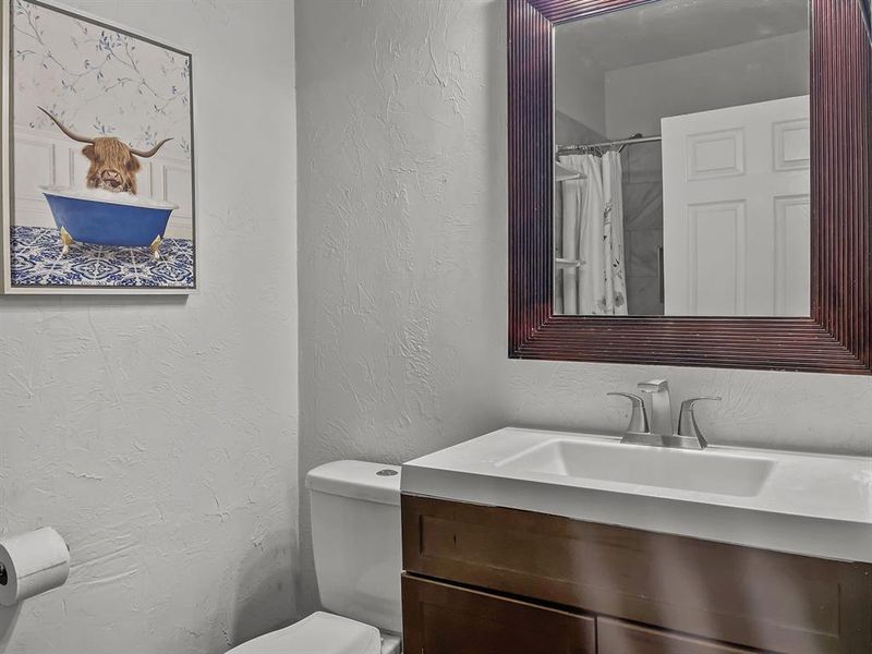 Bathroom with vanity, curtained walk-in shower, and toilet