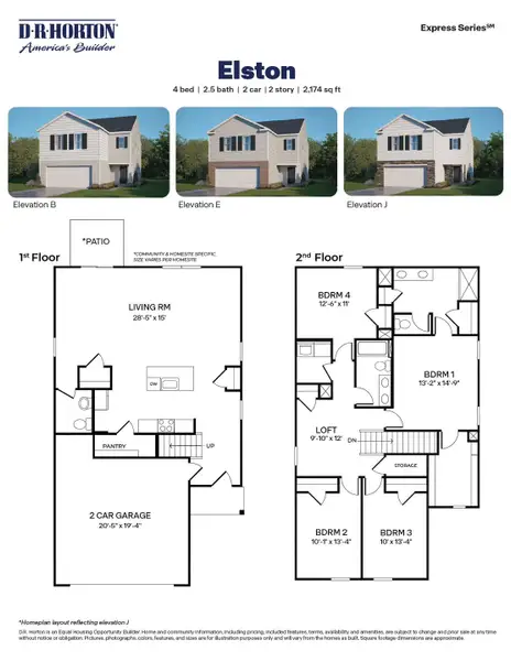 2D floor plan layout for the Elston by D.R. Horton in Belle Grove, Wendell, NC (Image 3).