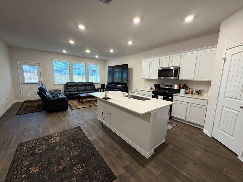 Kitchen featuring white cabinetry, dark wood-style floors, stainless steel appliances, open floor plan, and recessed lighting