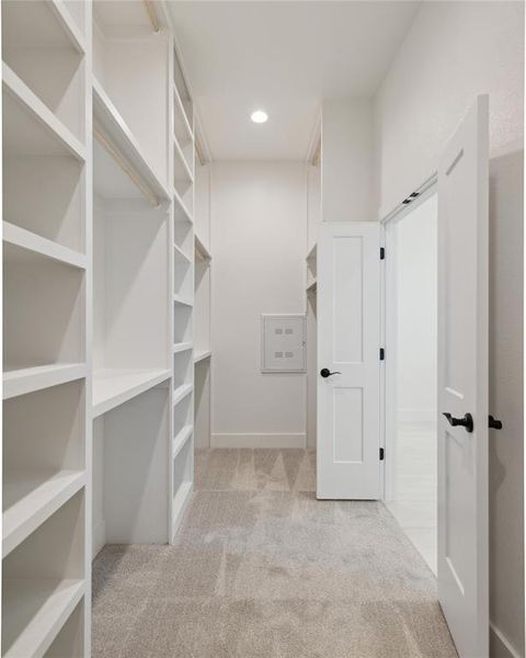 Walk in closet featuring light colored carpet