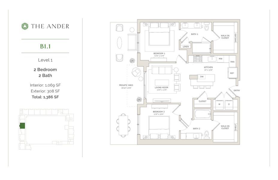 2D floor plan layout for the B1.1 by Ledgestone Development Group in The Ander, Austin, TX (Image 1). 2D floor plan layout for the B1.1 by Ledgestone Development Group in The Ander, Austin, TX (Image 1).