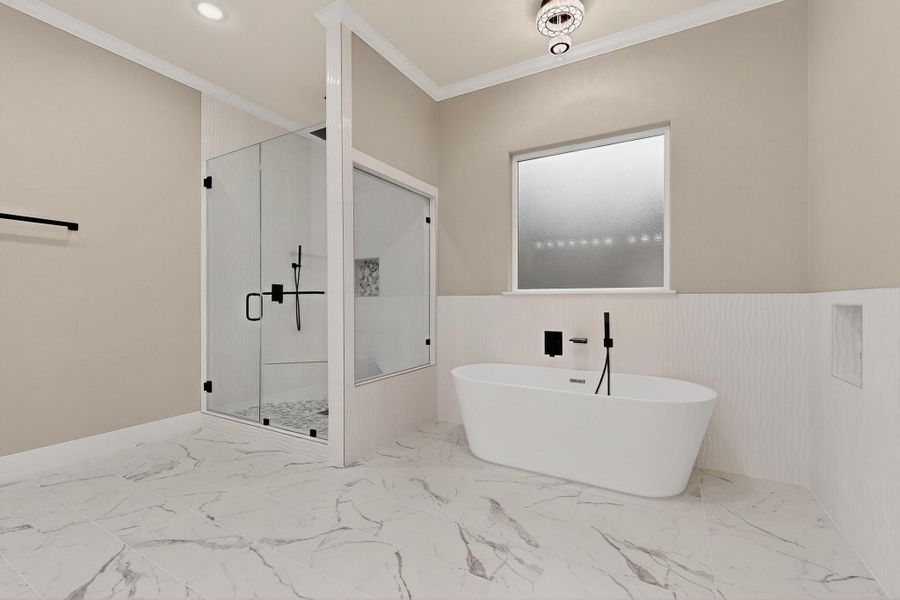 Primary Bathroom featuring a soaking tub, a stall shower, crown molding Primary Bathroom featuring a soaking tub, a stall shower, crown molding