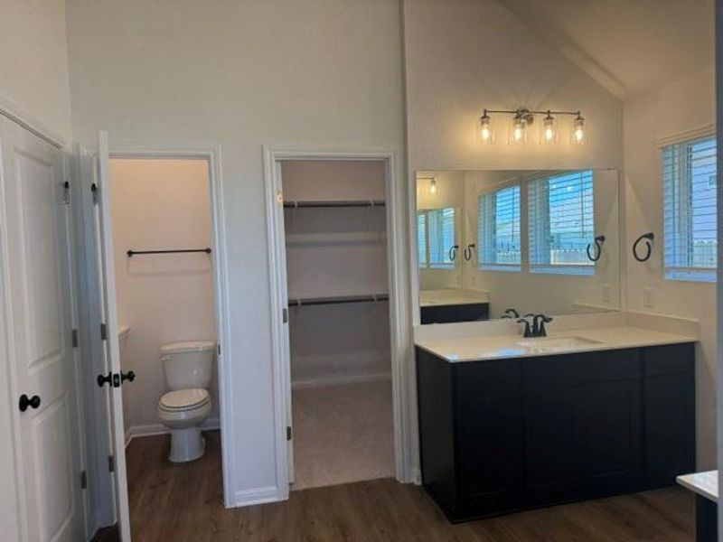 Bathroom vanity featuring a quartz countertop, integrated sink, and dark wood cabinetry