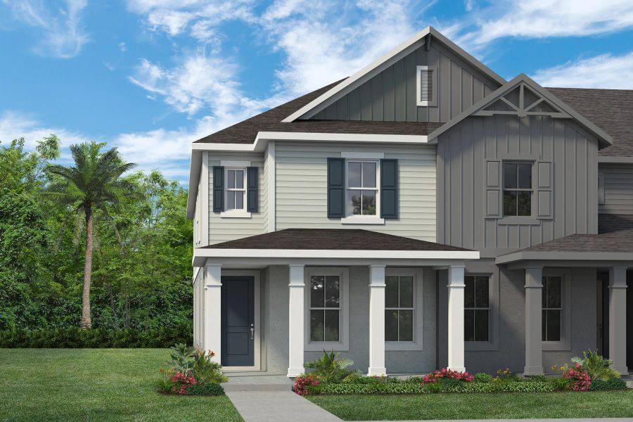 Representative exterior photo of a completed home built from the Franklin by Rockwell Homes in Harvest at Ovation - Townhomes, Winter Garden, FL (Image 33). Representative exterior photo of a completed home built from the Franklin by Rockwell Homes in Harvest at Ovation - Townhomes, Winter Garden, FL (Image 33).