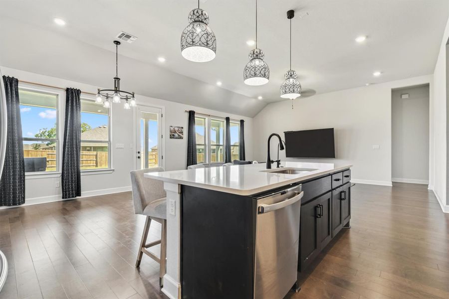 Kitchen featuring recessed lighting, dark cabinets, open floor plan, dark wood-style floors, and stainless steel dishwasher Kitchen featuring recessed lighting, dark cabinets, open floor plan, dark wood-style floors, and stainless steel dishwasher