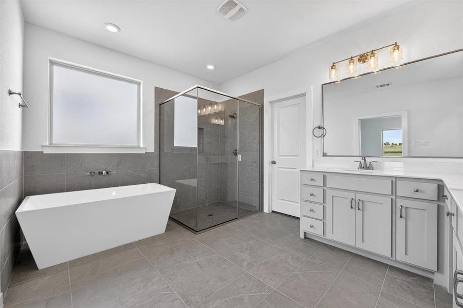 Spacious bathroom featuring a freestanding soaking tub, a frameless glass shower enclosure, and an extended vanity with dual sinks