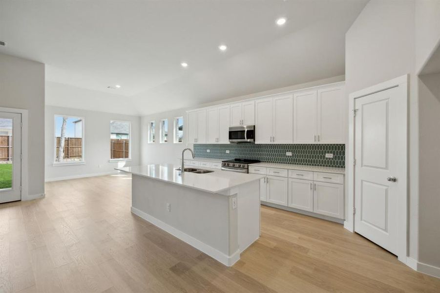 Kitchen with white cabinets, stainless steel appliances and a corner pantry