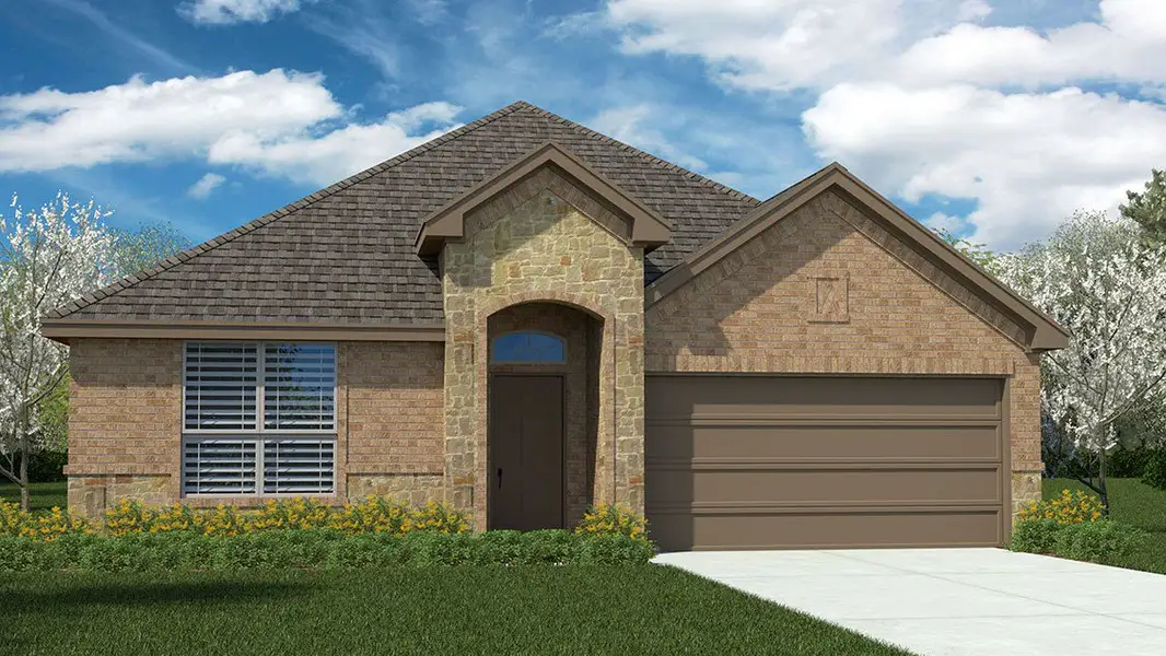 Front exterior of a new home in Parkerville Meadows, DeSoto, TX, highlighting curb appeal (Image 1). Front exterior of a new home in Parkerville Meadows, DeSoto, TX, highlighting curb appeal (Image 1).