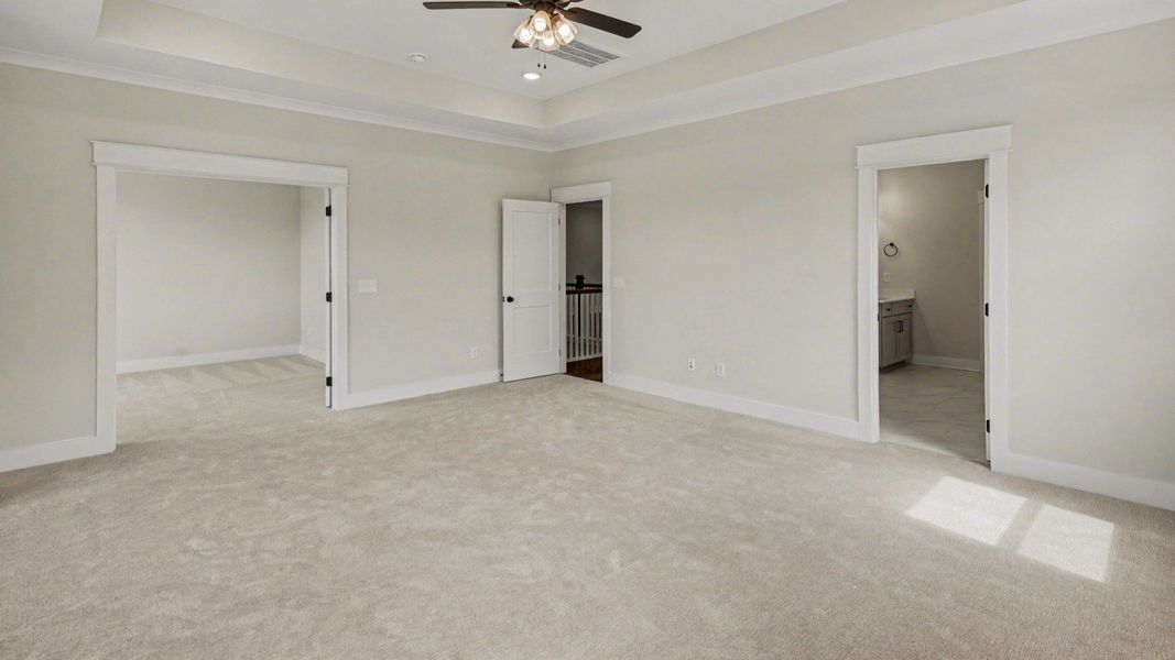 Primary suite with tray ceiling, ceiling fan, and carpet Primary suite with tray ceiling, ceiling fan, and carpet